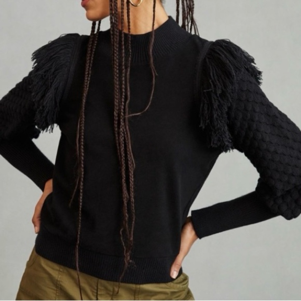Anthropologie Dolan Boho Fringed Knit Sweater Mock Neck Puff Sleeves Black XXS